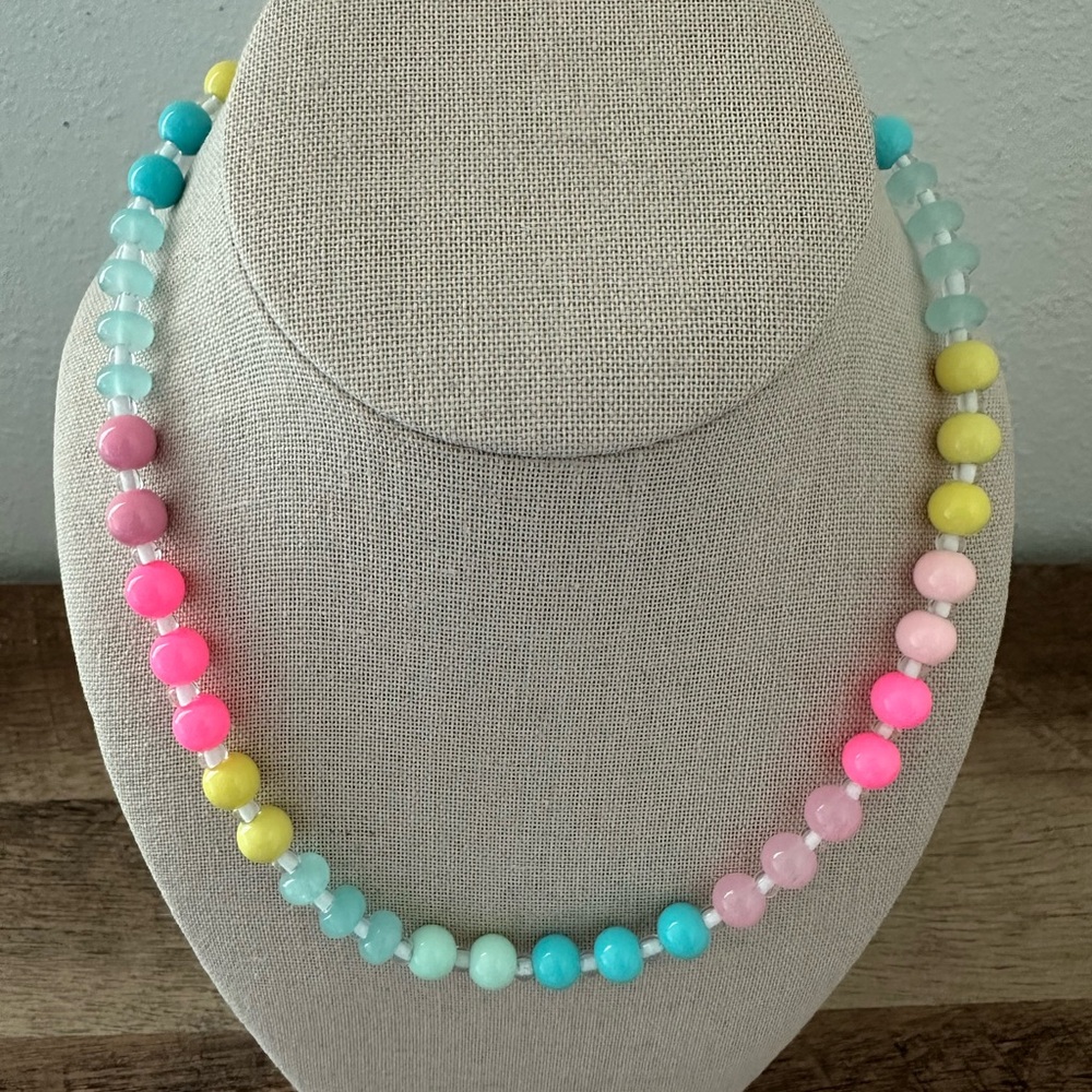 Blue and Pink hand beaded necklace 17” new